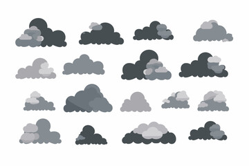 Cartoon rainy storm cloud vector set. White sky with dark grey clouds	