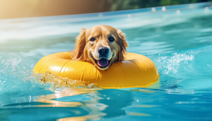 A dog is in a pool with a yellow float