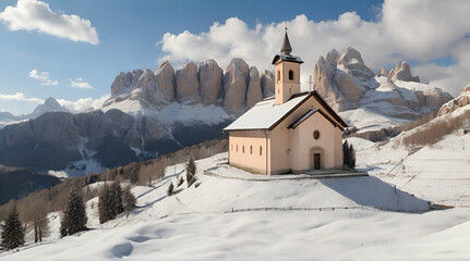 Aerial view of the church Chiesetta di San Giovanni in Ranui, Dolomites, Italy.generative ai.