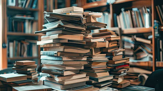Closeup of a stack of textbooks on a desk, highlighting the heavy workload of virtual classes. AI generated.