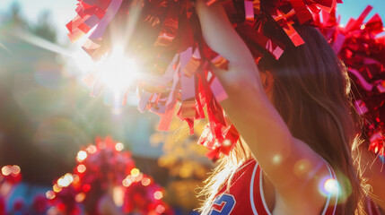 Cheerleading concept image with view of a cheerleader girl with colorful pompom - obrazy, fototapety, plakaty