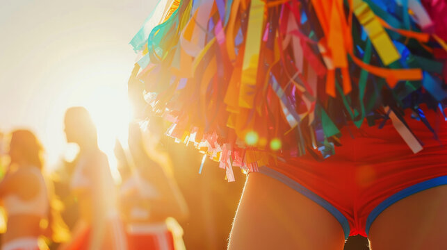 Cheerleading concept image with view of a cheerleader girl with colorful pompom