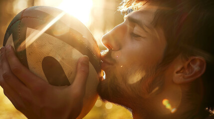 Oceanian rugby player man in love with rugby sport kiss a ball representing the importance of rugby in his life and in Oceania islands - Powered by Adobe