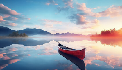 A red canoe sits in a lake at sunset - obrazy, fototapety, plakaty