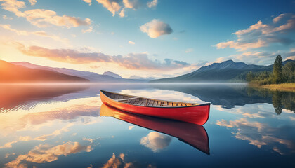 A red canoe sits in a lake at sunset - obrazy, fototapety, plakaty