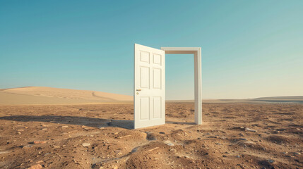 Open white door in middle of desert - obrazy, fototapety, plakaty