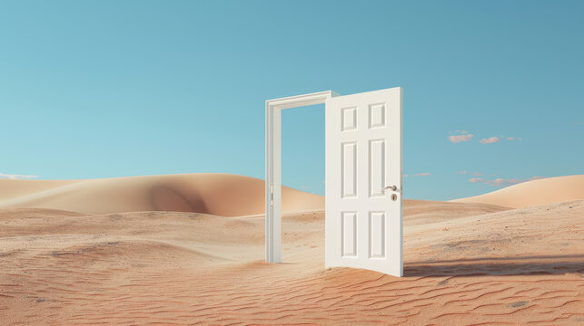 Open white door in middle of desert