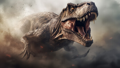 A large T-Rex is shown in a scene of dust and debris, with its mouth open