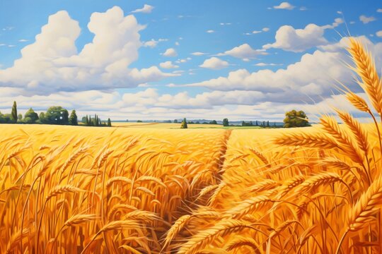 a field of wheat with trees and blue sky