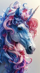 Unicorn head with pink and blue mane and long mane. Fantasy art