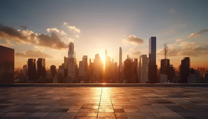 Photo sur Plexiglas Etats Unis A city skyline with a large sun in the sky