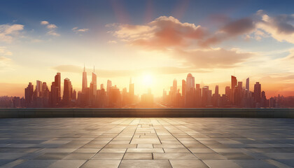 A city skyline with a large sun in the sky - obrazy, fototapety, plakaty