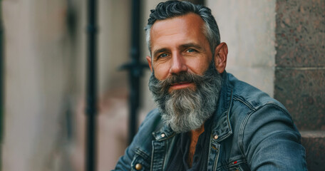 Fototapeta premium A man with a beard and a plaid shirt is smiling. He looks happy and content. Concept of warmth and friendliness. a handsome, happy man, about 45 years old, with a well-groomed beard, he's rich