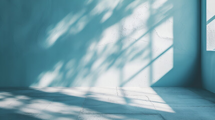 Minimalistic abstract gentle light blue background for product presentation with light and intricate shadow from tree branches on wall. . generative ai