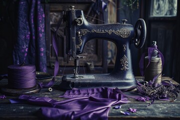 An antique sewing machine is ready to work on the table