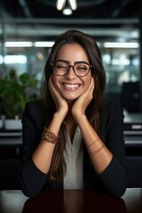 Fototapeta premium Cheerful business woman with glasses posing with her hands under her face showing her smile in an office