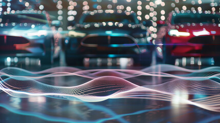 Cars parked at a motor show, and polka dotted mesh waves in front, background image about vehicles,...