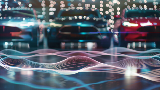 Cars parked at a motor show, and polka dotted mesh waves in front, background image about vehicles, automobile industry, automobile manufacturing and motor show