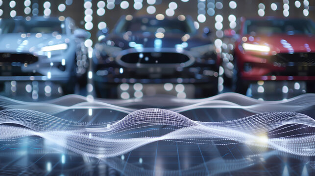 Cars parked at a motor show, and polka dotted mesh waves in front, background image about vehicles, automobile industry, automobile manufacturing and motor show