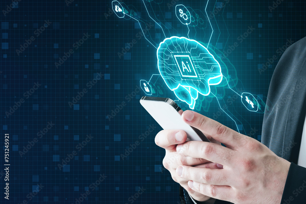 Poster close up of businessman hands using smartphone with creative glowing digital brain hologram on blurr