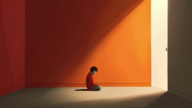 A child cowering in the corner of a room fearful of an unknown presence. Psychology art concept. .