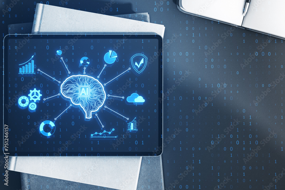Poster close up of tablet on desk with supplies and creative glowing digital brain hologram on blurry backg
