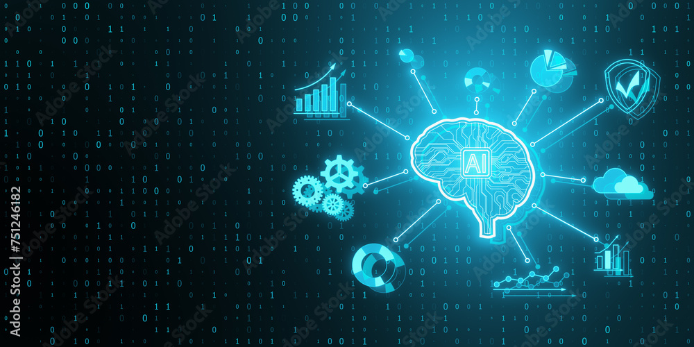 Poster Creative glowing digital brain hologram on blurry blue background with binary coding. AI and futuristic hud elements. 3D Rendering.
