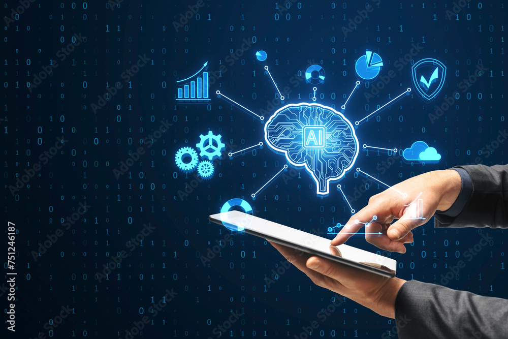 Aufkleber close up of businessman hands holding and using smartphone with creative glowing digital brain holog