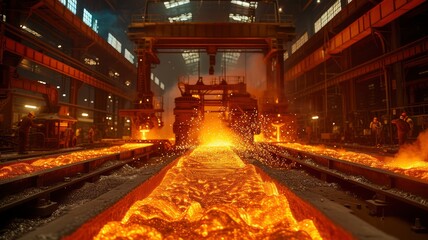 Vivid scene of molten steel flowing with bright sparks in a dark industrial foundry, showcasing the raw power of metal production.
Generative ai