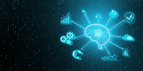 Creative glowing digital brain hologram on blurry blue background with binary coding. AI and futuristic hud elements. 3D Rendering.
