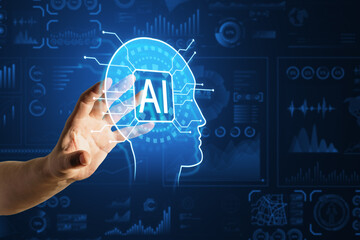 Close up of male hands holding creative glowing digital brain hologram on blurry background. AI and futuristic hud elements.