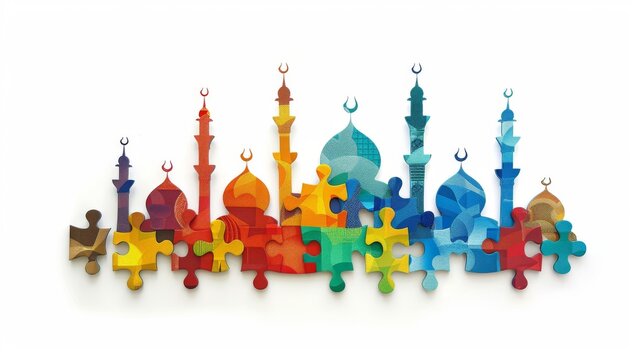 mosaic of mosques from around the world, united as puzzle pieces, celebrates cultural diversity and religious unity