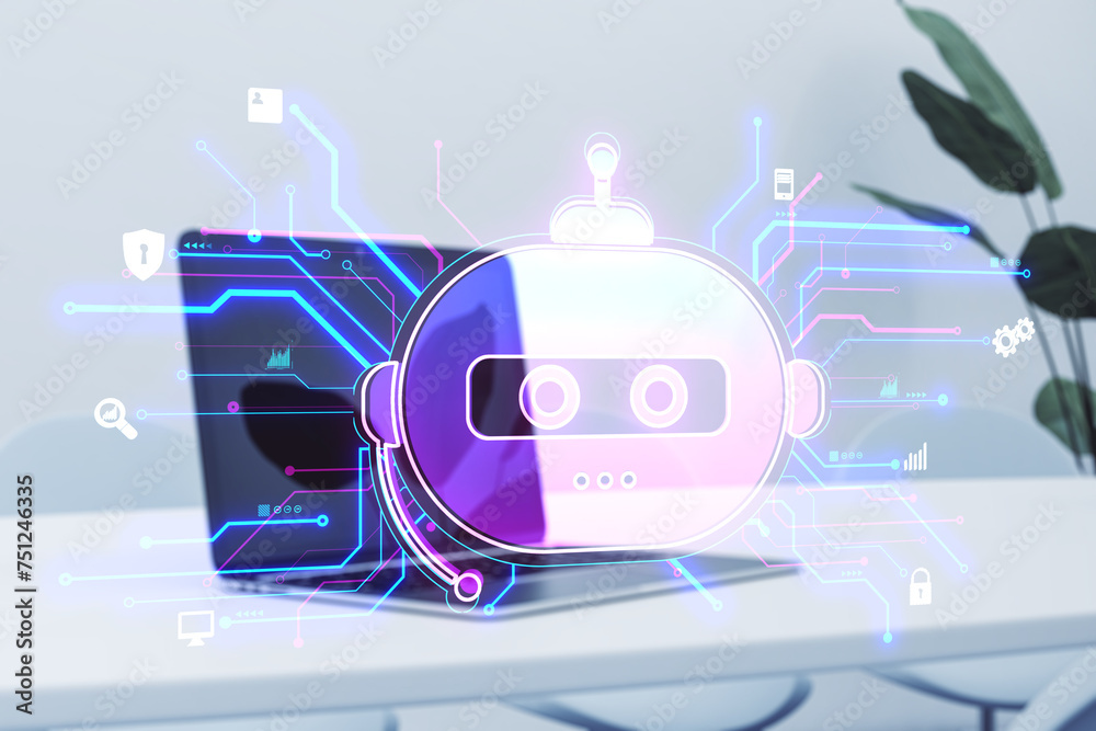 Poster Close up of laptop computer on desk with creative robot hologram on blurry background. Chat GPT and ai, customer support and bot concept. Double exposure.