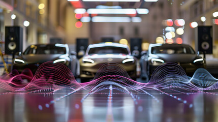 Cars parked at a motor show, and polka dotted mesh waves in front, background image about vehicles, automobile industry, automobile manufacturing and motor show