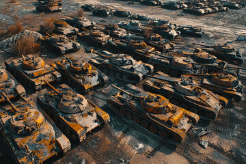 A large number of burnt tank wrecks caused by hits. Tank scrap wrecks
 - obrazy, fototapety, plakaty