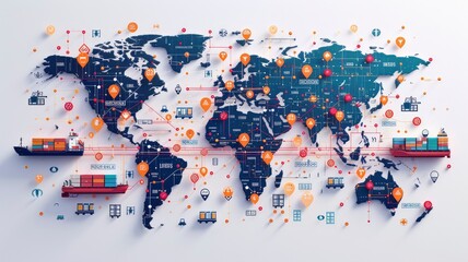 Vibrant digital artwork showcasing a global logistics network with cargo ships, containers, and GPS markers over a stylized map.
generative ai