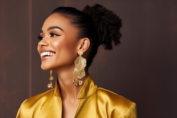 Elegant model portrait with gold earring smiling on studio background