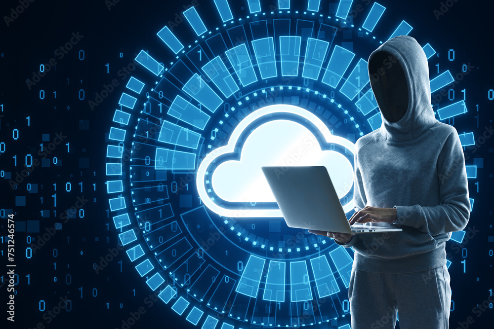 Aufkleber Hacker using laptop with creative glowing cloud computing hologram with binary coding on dark blue background. Digital server, support and network concept.
