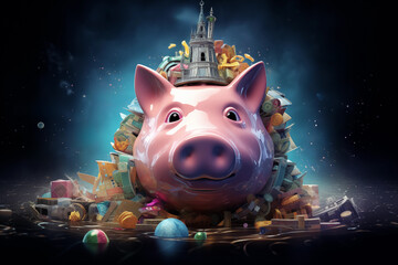 Whimsical digital illustration of a giant piggy bank surrounded by symbols of wealth in a space setting