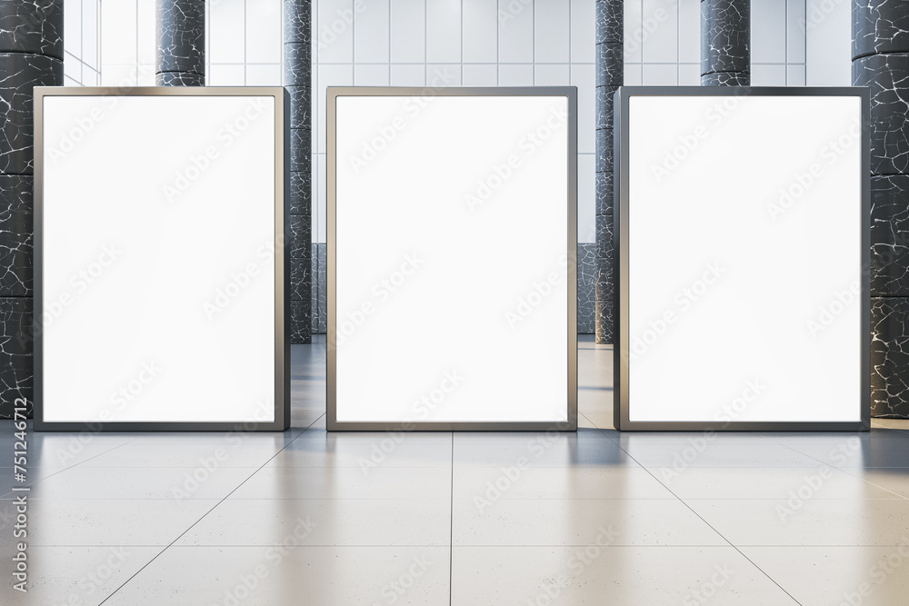Poster modern empty white billboards in interior with glass partitions, columns and concrete flooring. mock