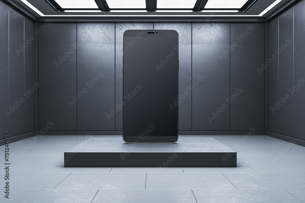 Poster abstract interior with huge mock up cellphone. 3d rendering.