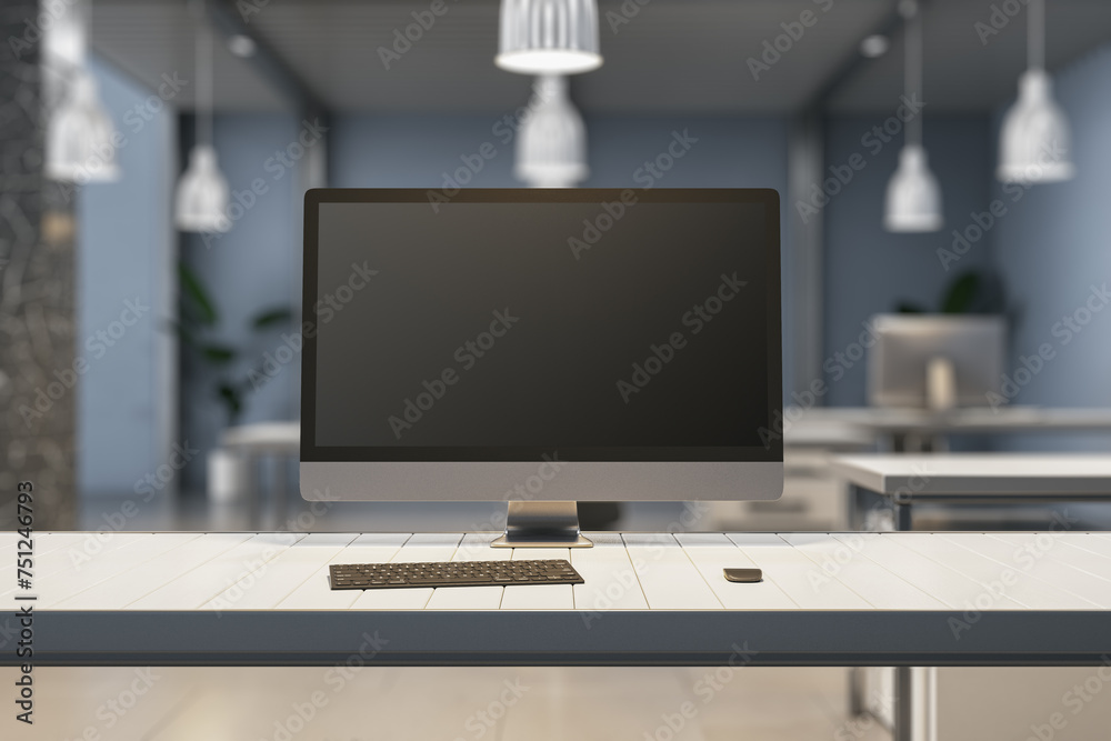 Poster Creative designer desktop with empty mock up computer display, supplies and blurry office interior in the background. 3D Rendering.