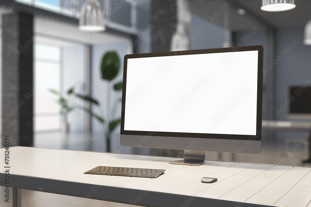 Poster creative designer desktop with empty white mock up computer display, supplies and blurry office inte