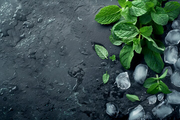 Beautiful semi-blank black slate background with elements of green mint leaves and ice cubes in the right part of the screen with space for text, product or inscriptions, top view
