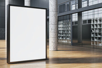 Modern empty white billboard in interior with glass partitions, columns and wooden flooring. Mock up, 3D Rendering. Modern empty white billboard in interior with glass partitions, columns and wooden flooring. Mock up, 3D Rendering.
