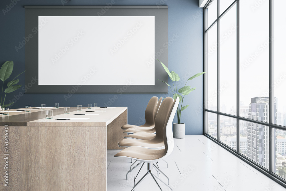 Poster contemporary glass meeting room interior with empty white mock up billboard and panoramic window and