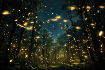Fireflies illuminating a forest at dusk, many yellow fireflies are floating in the water, Enchanted forest clearing with fireflies , Ai generated