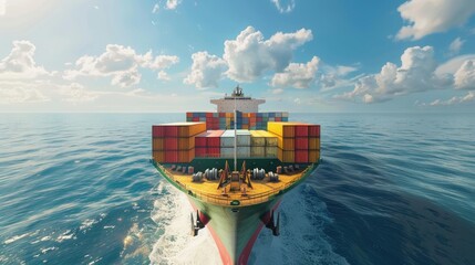 large cargo ship at sea, loaded with colorful containers, under clear skies. - obrazy, fototapety, plakaty