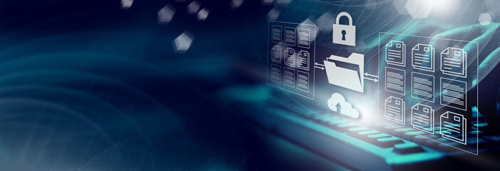  Online documentation database. AI document management system DMS concept. FTP (File Transfer Protocol), Secure FTP. Internet cloud technology, exchange information and data storage concept.