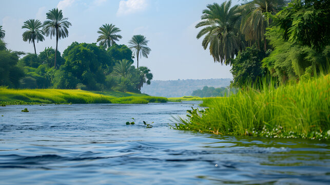 Medium shot photography, Spring Scenery at the Nile River, with lush green banks as the background, during an annual flooding